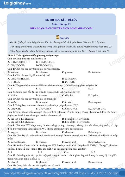 Đề thi học kì 1 Hóa 12 Chân trời sáng tạo - Đề số 3